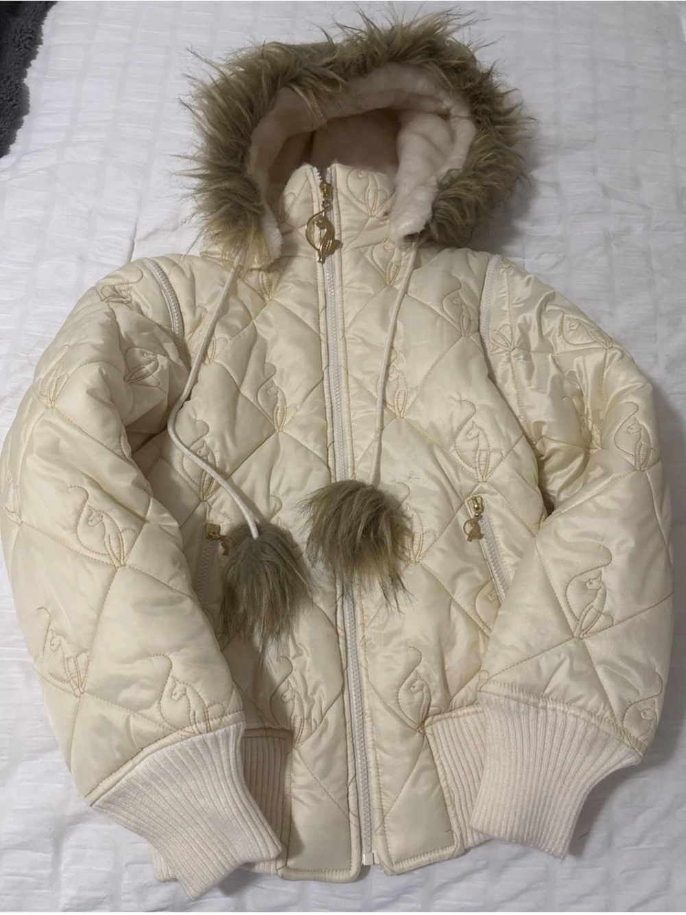 Vintage Y2K Baby Phat Cream Puffer Jacket with Gold Logo Trim
